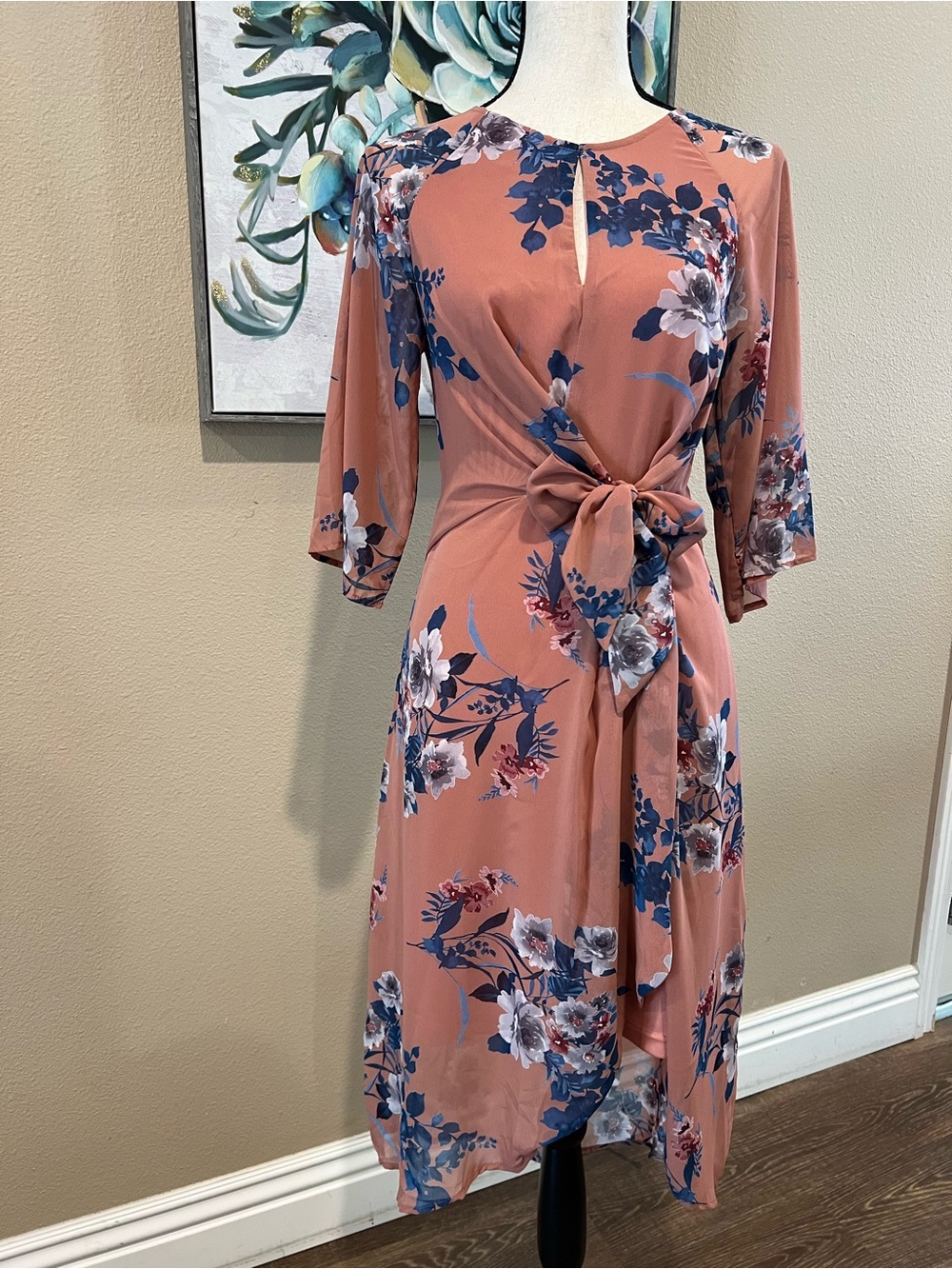 Rust Floral Tie-Front Midi Dress with Keyhole